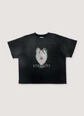 Eifles Eternity Tee Shirt Vintage Black vintage washed and dyed with distressed details and printed white graphic of a man woman and child, text says Eternity, front view Eifles Eternity Tee Vintage Black - Image 1 | Authenticated at Pieces Los Angeles