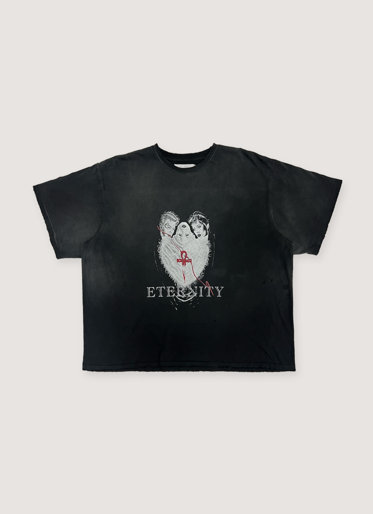 Eifles Eternity Tee Shirt Vintage Black vintage washed and dyed with distressed details and printed white graphic of a man woman and child, text says Eternity, front view Eifles Eternity Tee Vintage Black - Image 1 | Authenticated at Pieces Los Angeles