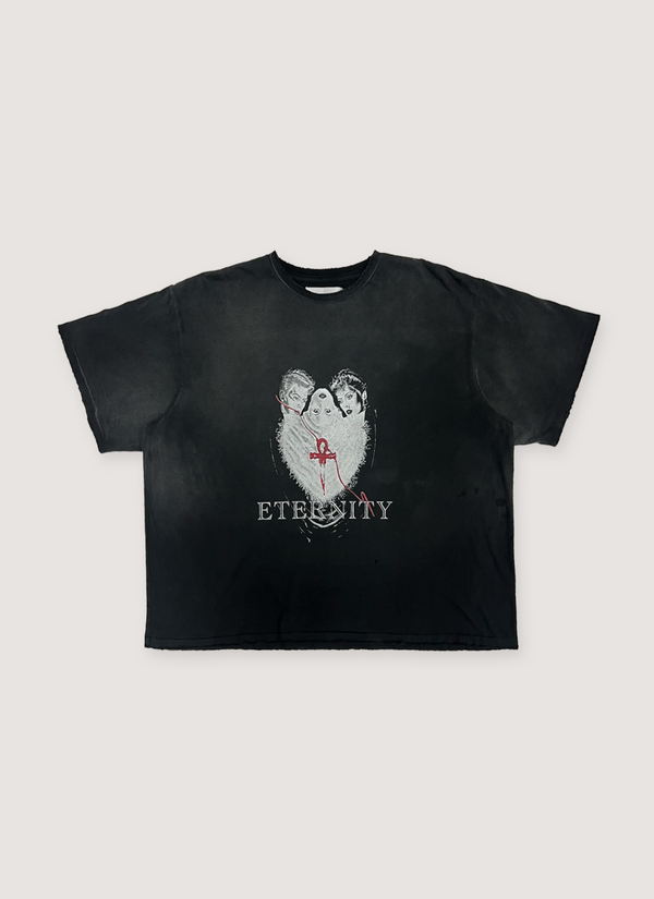 Eifles Eternity Tee Shirt Vintage Black vintage washed and dyed with distressed details and printed white graphic of a man woman and child, text says Eternity, front view Eternity Tee Vintage Black - Authenticated T-shirts | Pieces Los Angeles