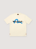 Palace Evisu Logo Tee Shirt Cream blue, front view Palace Evisu Logo Tee - Image 2 | Authenticated at Pieces Los Angeles