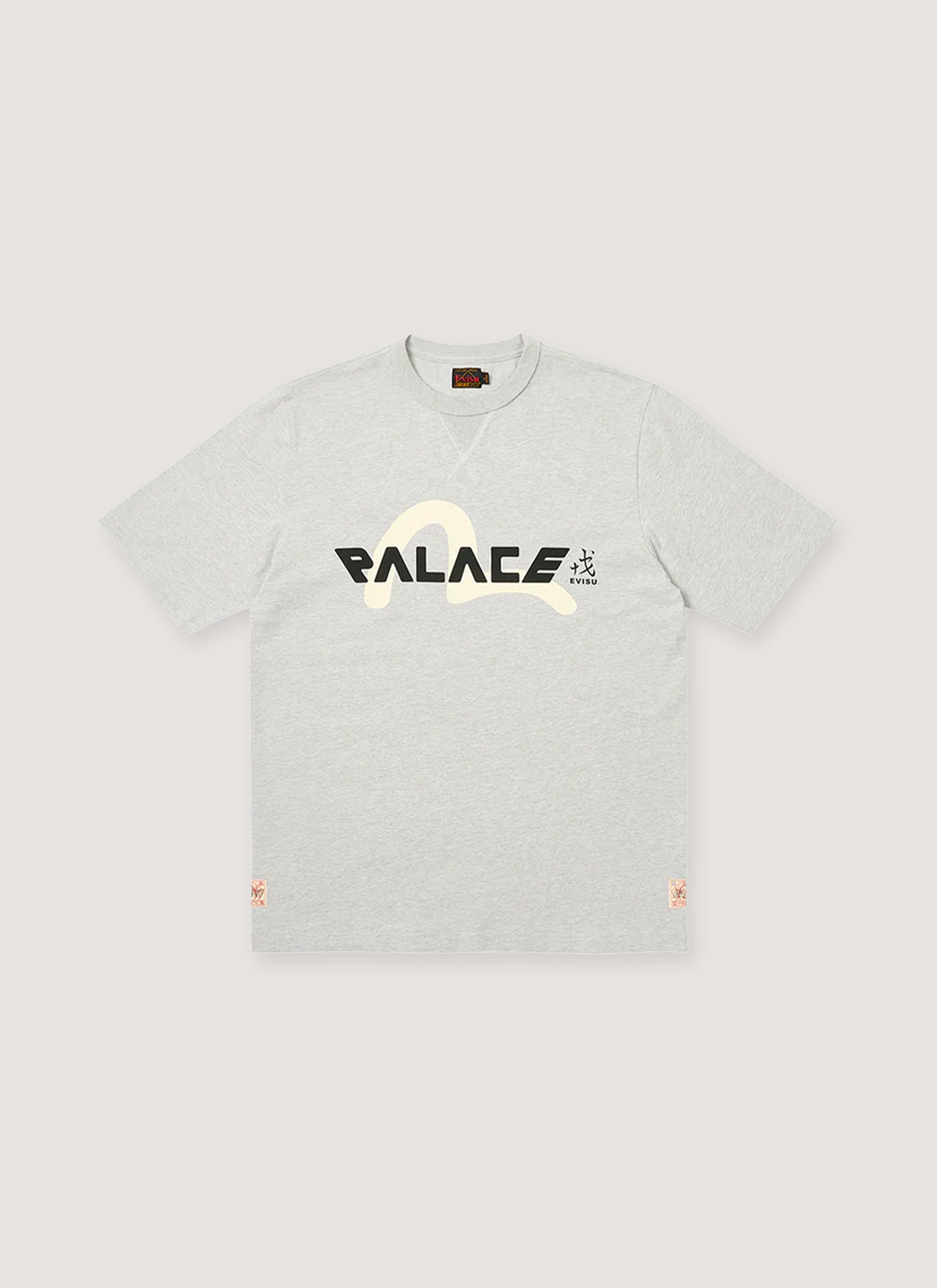 Palace Evisu Logo Tee Shirt Grey white, front view Palace Evisu Logo Tee - Image 1 | Authenticated at Pieces Los Angeles