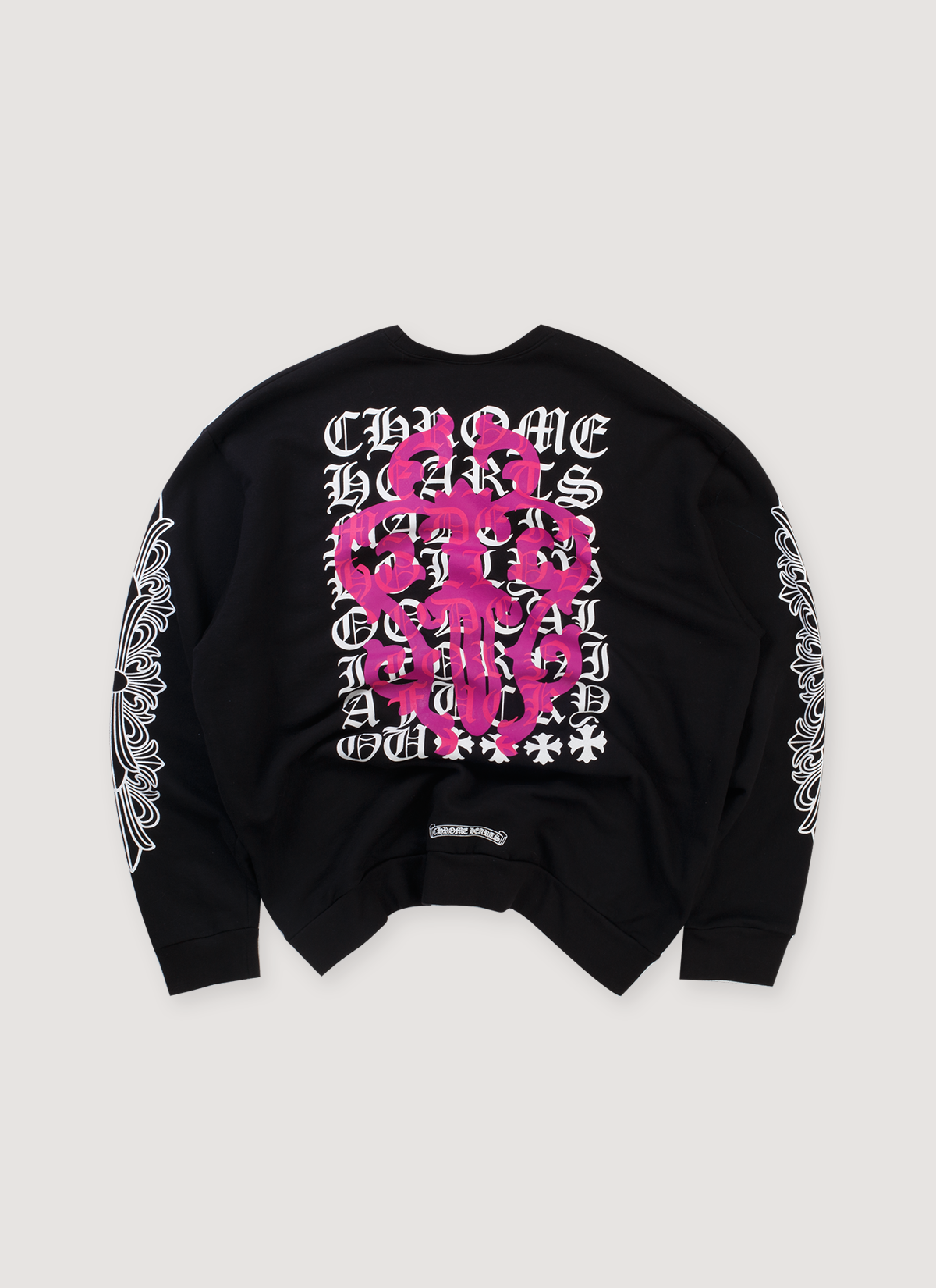 Chrome Hearts Dagger Eye Chart Crewneck Black (Pre-Owned) longsleeve with white graphic text and a pink dagger graphic over it, back view Chrome Hearts Dagger Eye Chart Crewneck Black (Pre-Owned) - Image 2 | Authenticated at Pieces Los Angeles