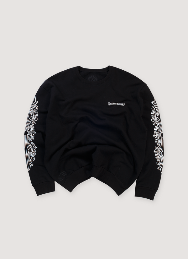 Chrome Hearts Dagger Eye Chart Crewneck Black (Pre-Owned) longsleeve with small white text, and white graphic designs on sleeves, front view Dagger Eye Chart Crewneck Black (Pre-Owned) - Authenticated Sweaters | Pieces Los Angeles