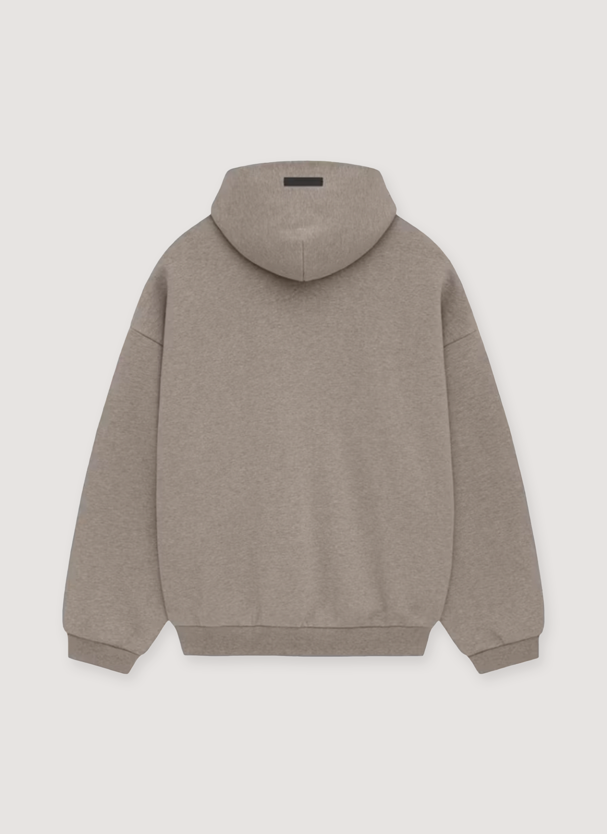Essentials Fear of God Fleece Sweatshirt Heather Grey Hoodie 480 gsm with overlapped neckline hood, rib-knit cuffs and hem, side pockets, rubberized label, back view