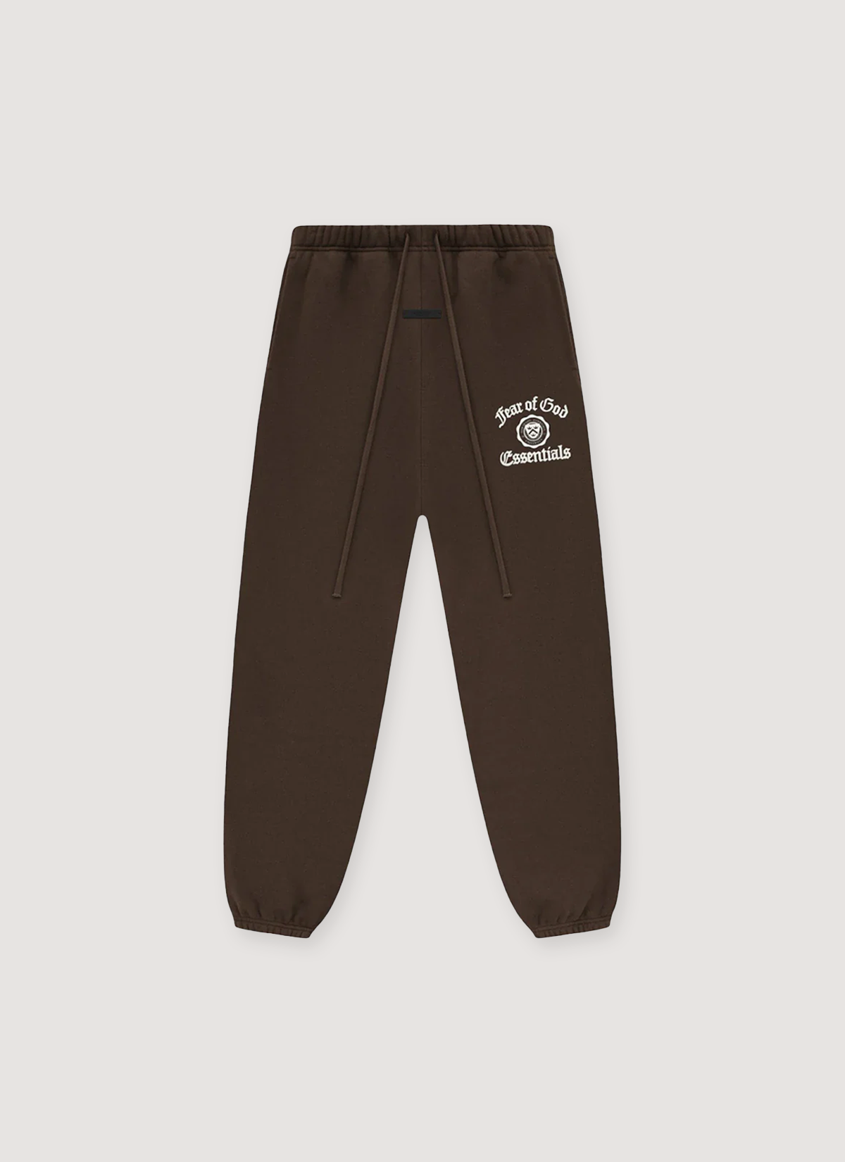 Essentials Fear of God Heavy Fleece Sweatpants Brown (Women's) 520 gsm with vintage wash, printed logo, elasticated waist with drawstring, elastic ankle hem, rubberized label, front view