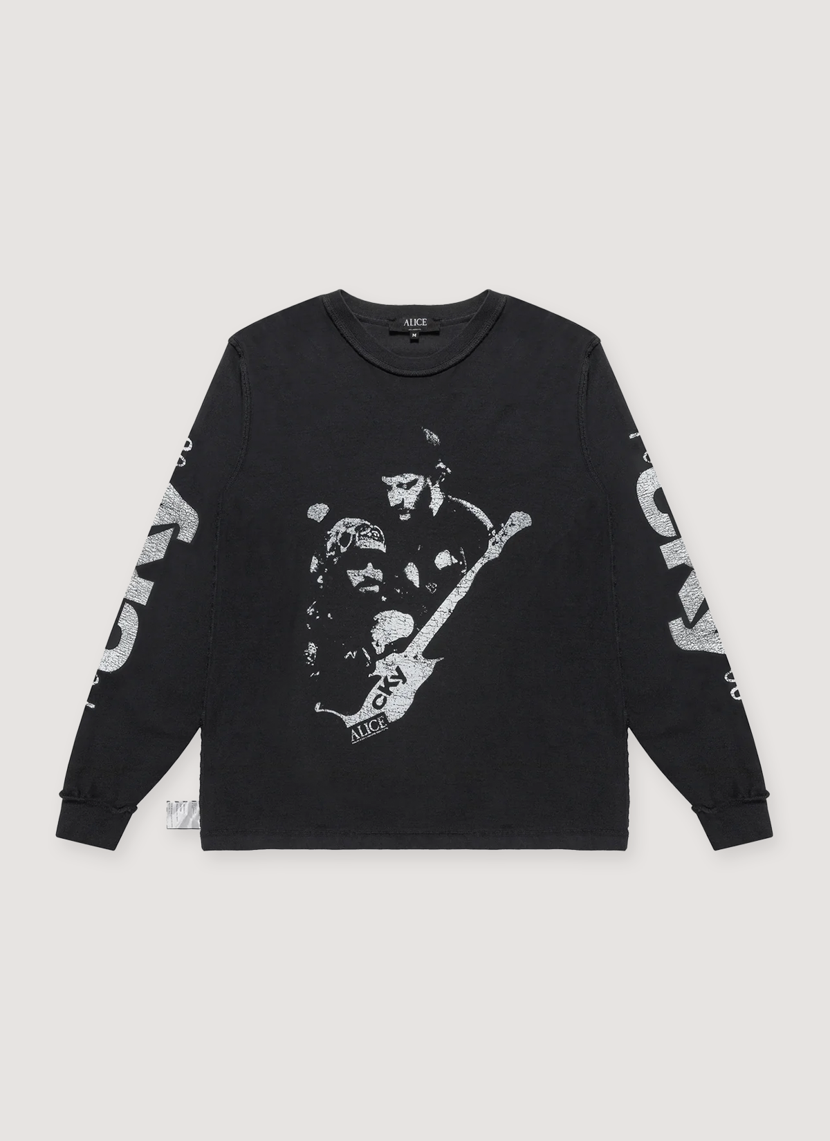 Alice Hollywood FuCKYou Longsleeve Black with white graphic of guitarists, and text on sleeves, front fiew