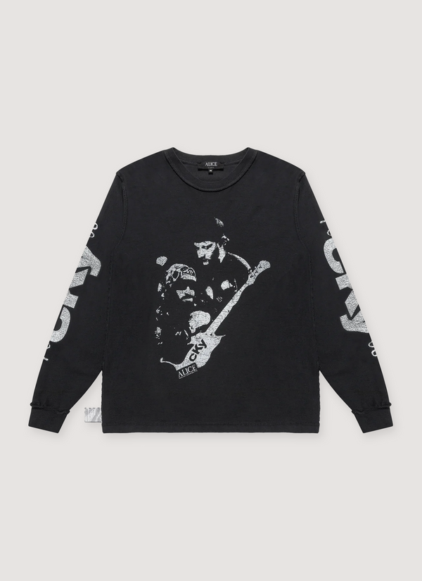 Alice Hollywood FuCKYou Longsleeve Black with white graphic of guitarists, and text on sleeves, front fiew FuCKYou Longsleeve Black - Authenticated Longsleeves | Pieces Los Angeles