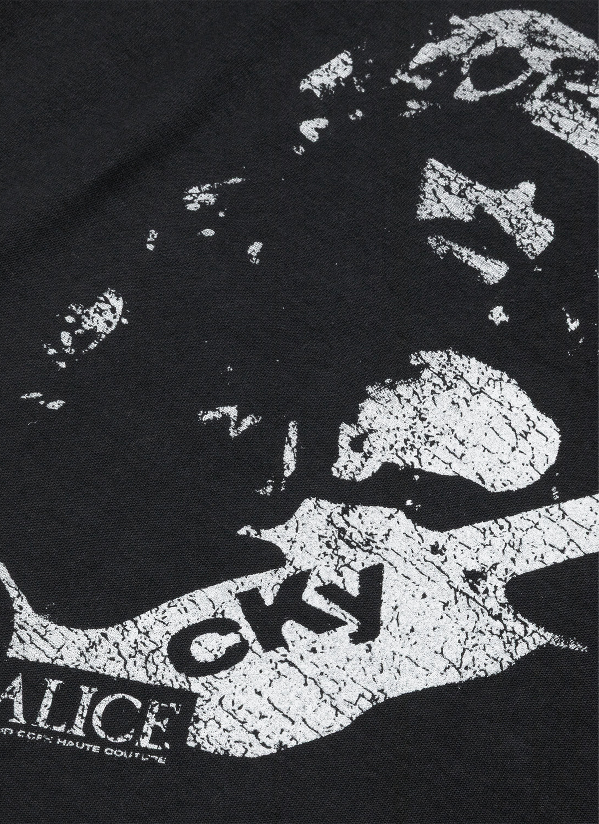 Alice Hollywood FuCKYou Longsleeve Black close up view of distressed print graphic of guitarist