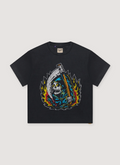 Gallery Dept. Big Reaper ATK Tee Shirt Vintage Black with vintage wash and fade, distressed faded printed logo of the grim reaper with a scythe, relaxed 90's fit, front view Gallery Dept. Big Reaper ATK Tee Vintage Black - Image 1 | Authenticated at Pieces Los Angeles