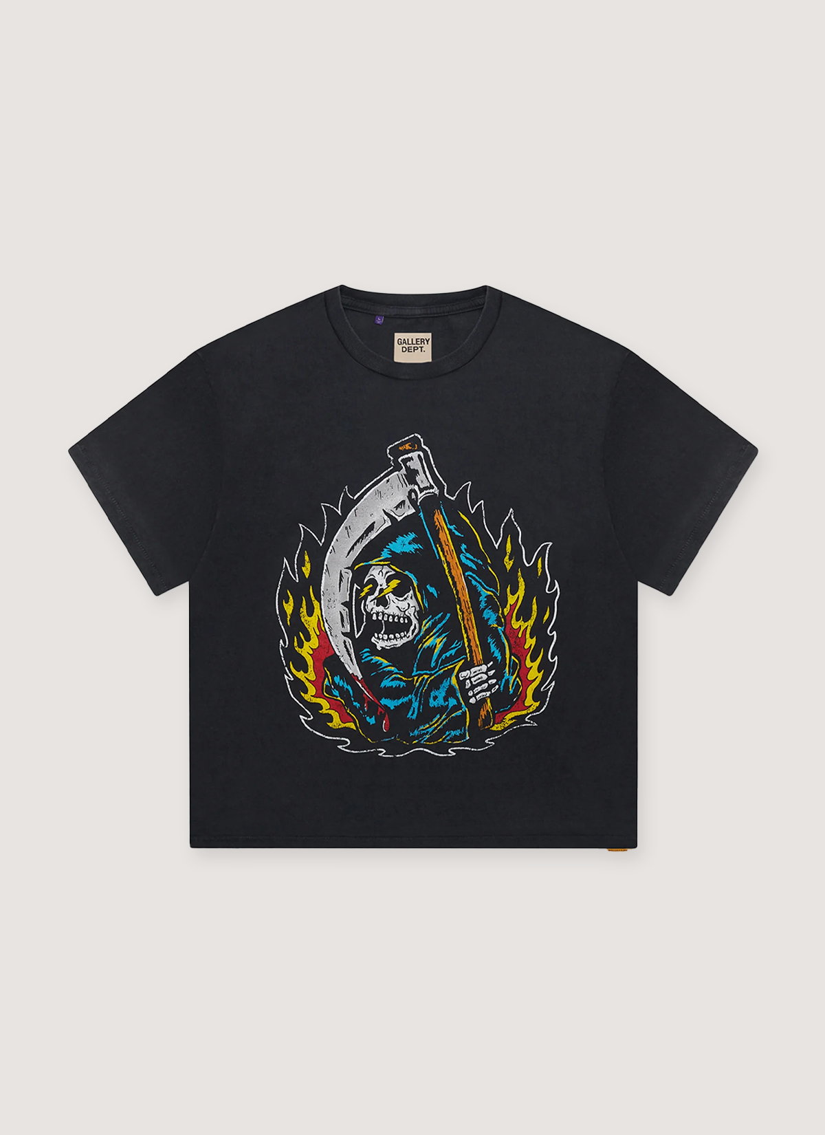 Gallery Dept. Big Reaper ATK Tee Shirt Vintage Black with vintage wash and fade, distressed faded printed logo of the grim reaper with a scythe, relaxed 90's fit, front view
