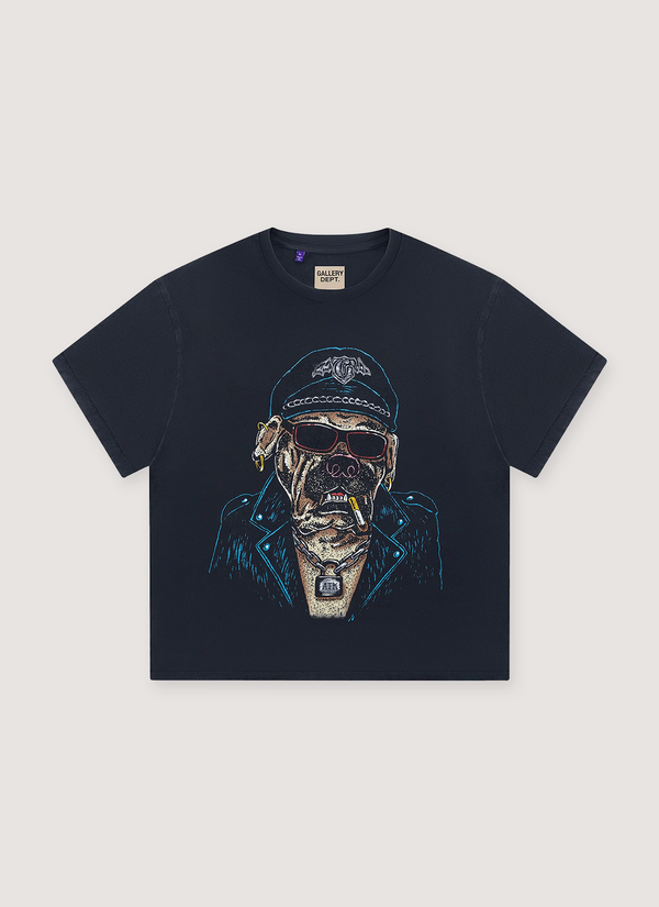Chrome Hearts Oct Biker Dog Tee Shirt Vintage Black with vintage wash and fade, distressed faded print logo of a dog, relaxed 90's fit, front view Oct Biker Dog Tee Vintage Black - Authenticated T-shirts | Pieces Los Angeles