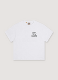 Gallery Dept. French Logo Tee Shirt White with boxy relaxed fit, semi-cropped, small printed black text logo, DEPT de la GALARIE, front view Gallery Dept. French Logo Tee White - Image 2 | Authenticated at Pieces Los Angeles