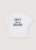 Gallery Dept. French Logo Tee Shirt White with boxy relaxed fit, semi-cropped, big printed black text logo, DEPT de la GALARIE, back view Gallery Dept. French Logo Tee White - Image 1 | Authenticated at Pieces Los Angeles