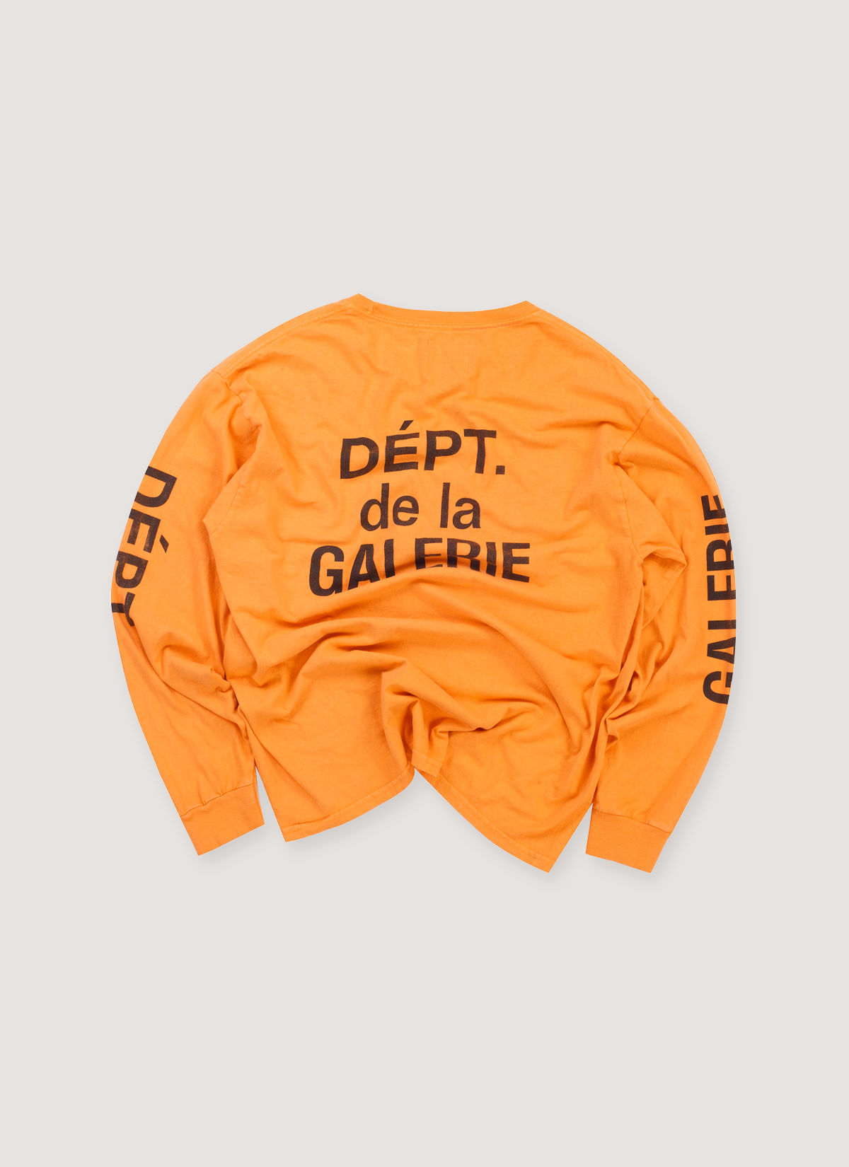 Gallery Dept. French Collector Longsleeve Orange Black (Pre-Owned), printed black logos, ribbed cuffs, distressed, relaxed fit, back view
