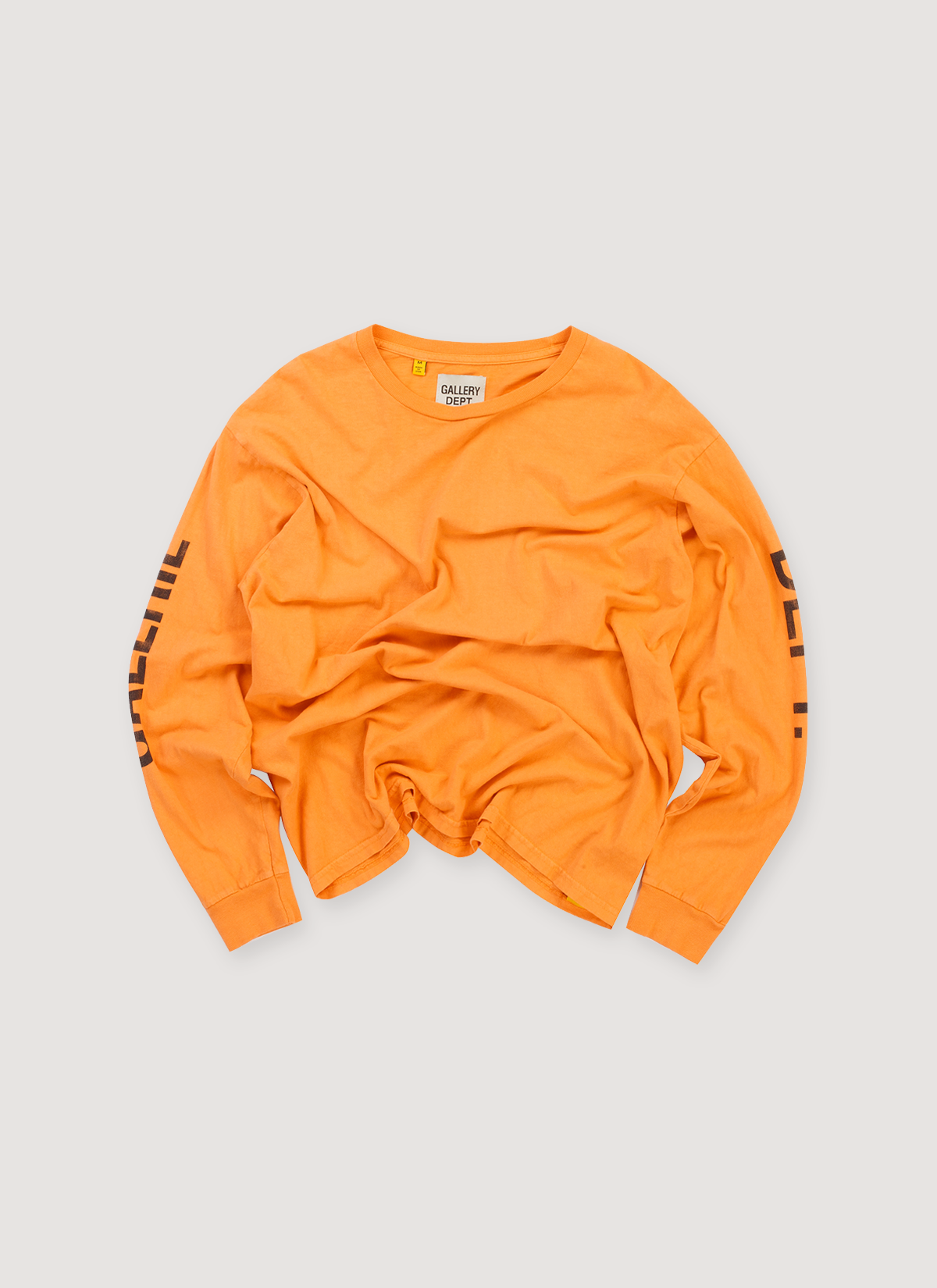 Gallery Dept. French Collector Longsleeve Orange Black (Pre-Owned), printed black logos, ribbed cuffs, distressed, relaxed fit, front view