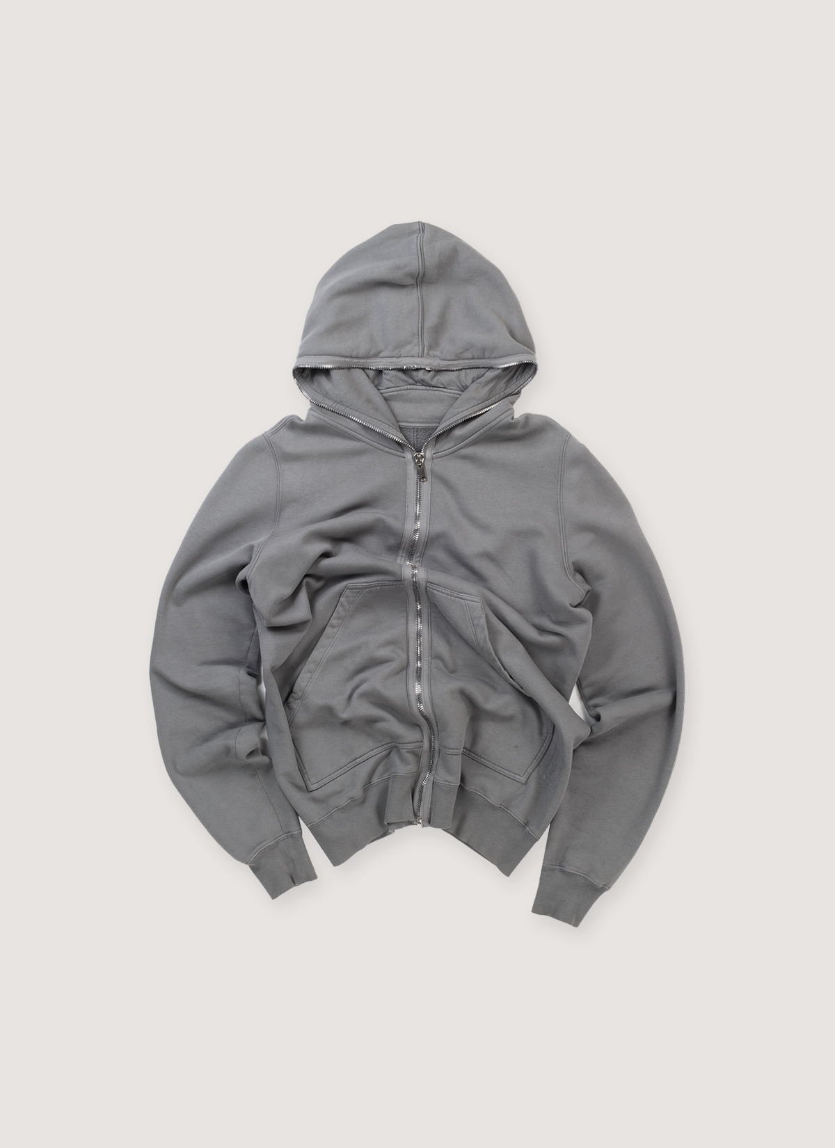Rick Owens DRKSHDW Gimp Full Zip Up Sweatshirt Grey (Pre-Owned) with ribbed cuff and hem, full zip closure, front view