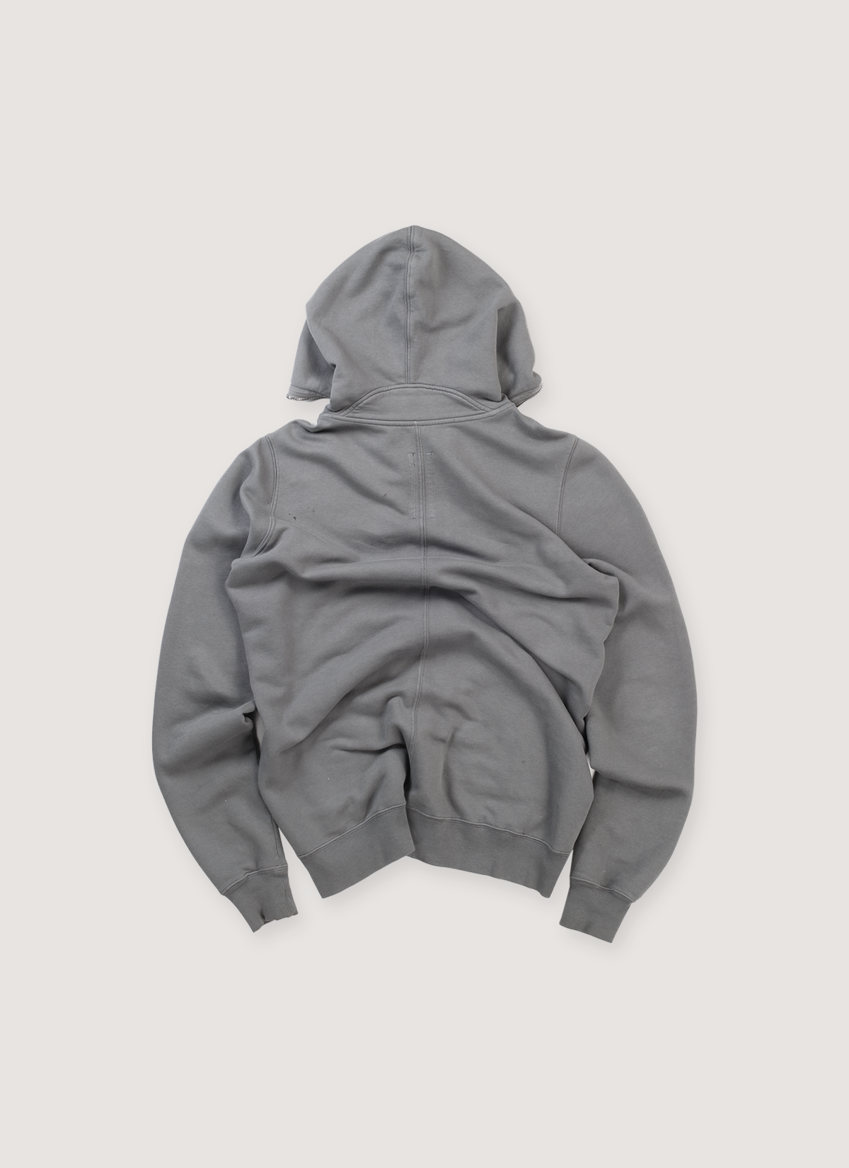 Rick Owens DRKSHDW Gimp Full Zip Up Sweatshirt Grey (Pre-Owned) with ribbed cuff and hem, back seam, back view