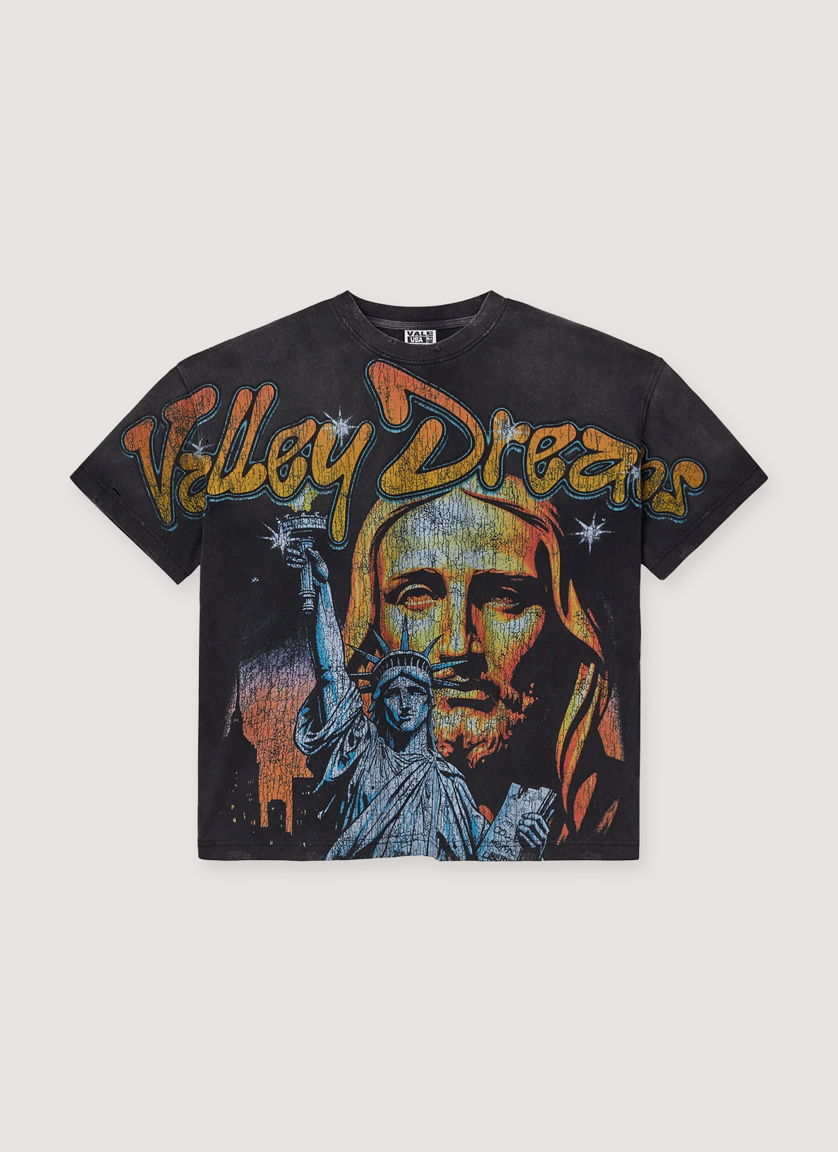 Vale Forever God's City Tee Shirt Vintage Black with printed logo of Statue of Libery with Jesus behind it, vintage wash and distressed, front view