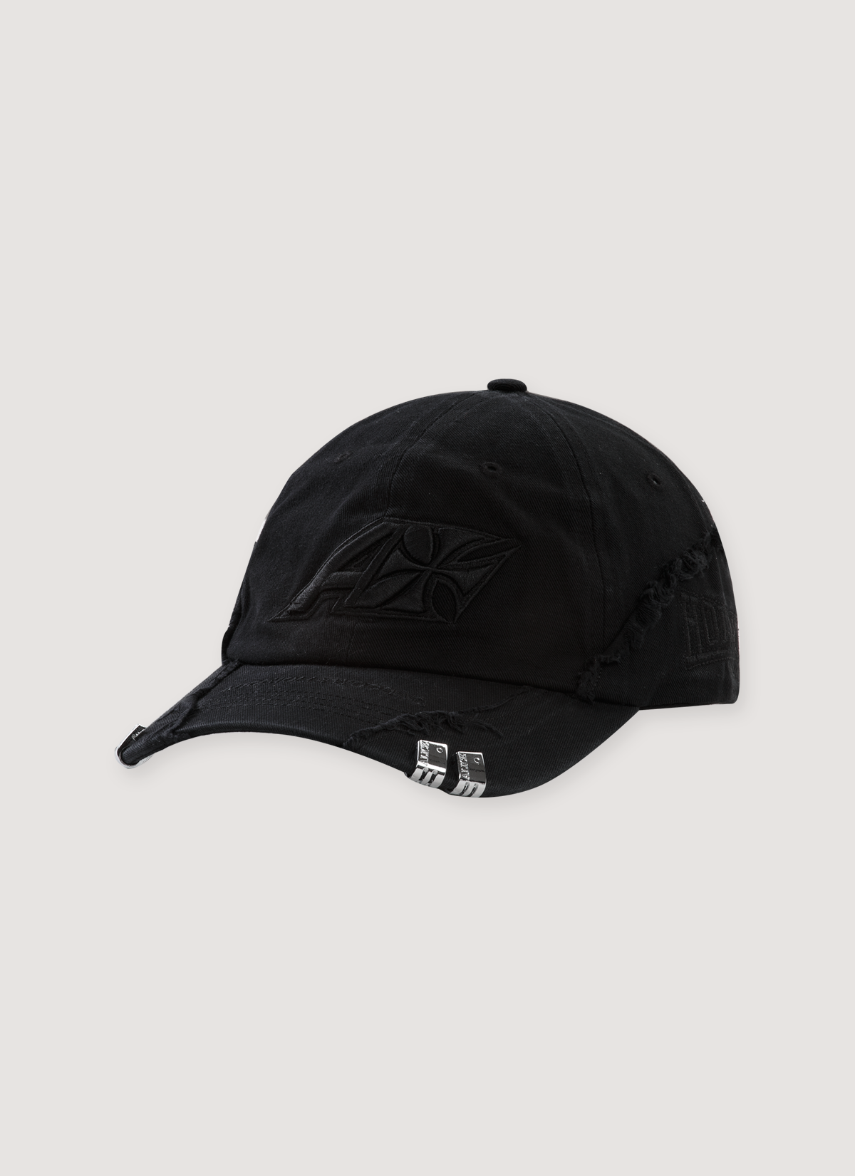  Alice Hollywood Godspeed Cap Black with metal lighter caps on the brim, embroidered logo, classic baseball hat, front view Alice Hollywood Godspeed Cap Black - Image 1 | Authenticated at Pieces Los Angeles