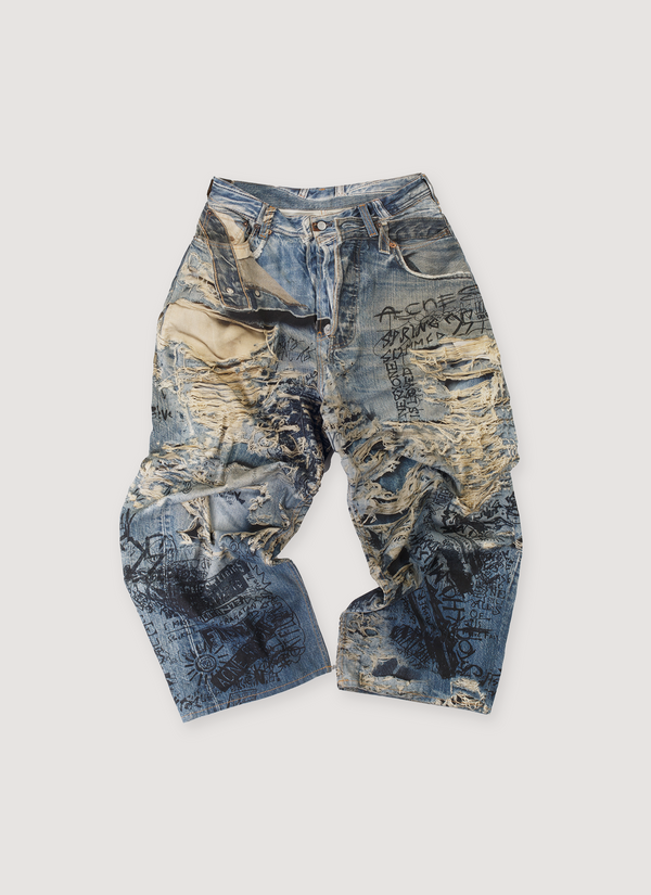 Acne Studios Wide-leg Printed Jeans Indigo (Pre-Owned) with Trompe l'oeil design, wide leg fit, button fastenings, front view Wide-leg Printed Jeans Indigo (Pre-Owned) - Authenticated Jeans | Pieces Los Angeles