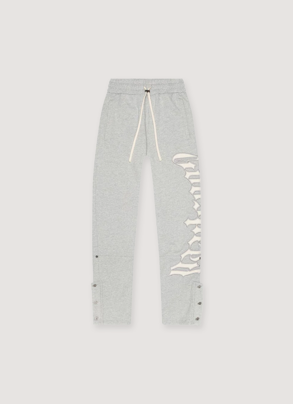 Godspeed New York OG Logo Sweatpants Grey V2 with white text graphic on one of the legs, and white drawstrings, front view Godspeed New York OG Logo Sweatpants V2 - Image 1 | Authenticated at Pieces Los Angeles