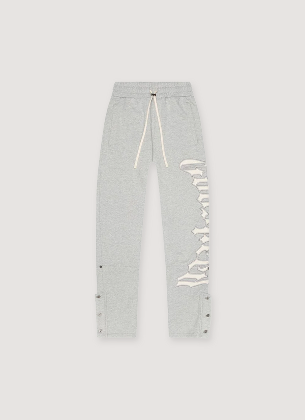 Godspeed New York OG Logo Sweatpants Grey V2 with white text graphic on one of the legs, and white drawstrings, front view OG Logo Sweatpants V2 - Authenticated Sweatpants | Pieces Los Angeles