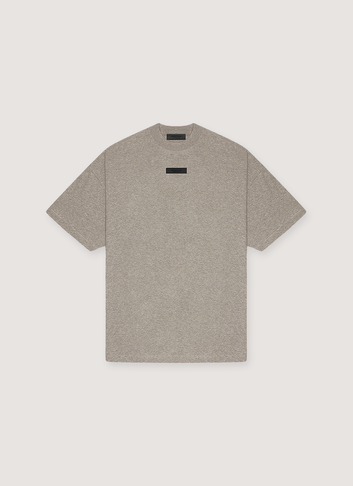 Essentials Fear of God SS24 Tee shirt Heather Grey with small black rectangle graphic, front view
