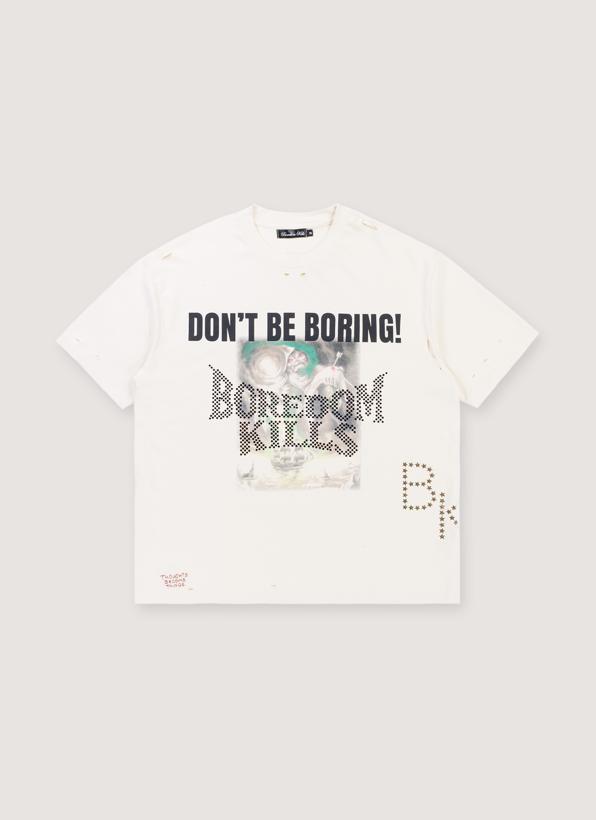 Boredom Kills Grim Tee Vintage White that says Don't Be Boring! and has a faded graphic design
