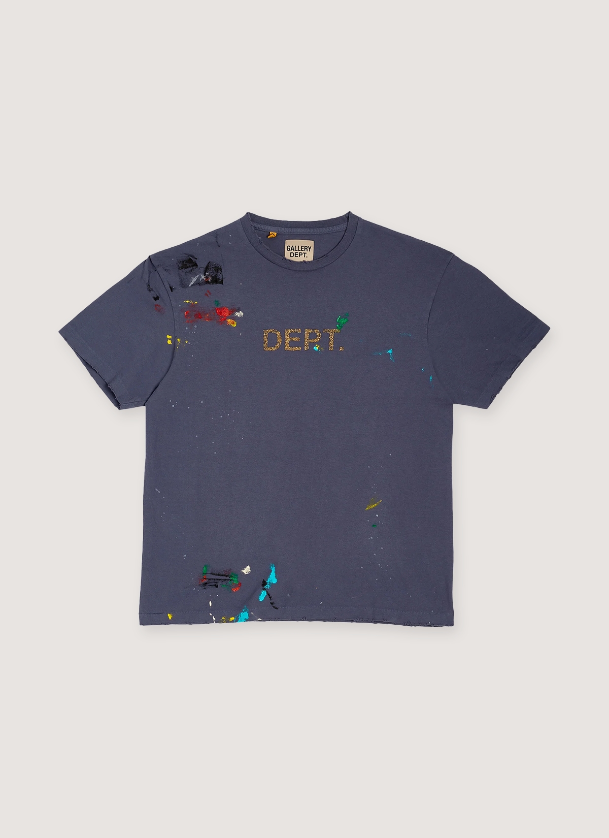 Gallery Dept. Dept Logo Handpainted Tee Shirt Vintage Navy with gold glitter ink, hand-[ainted pain splaters, front view