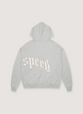 Godspeed New York OG Logo Zip Up Sweatshirt V2 Grey hoodie back view with white text on it Godspeed New York OG Logo Zip Up Sweatshirt V2 - Image 2 | Authenticated at Pieces Los Angeles