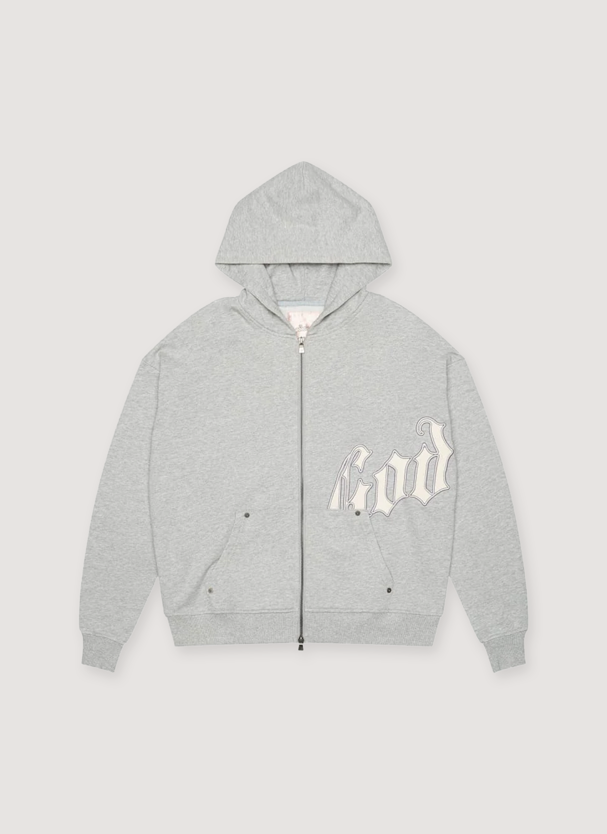 Godspeed New York OG Logo Zip Up Sweatshirt V2 Grey hoodie front view Godspeed New York OG Logo Zip Up Sweatshirt V2 - Image 1 | Authenticated at Pieces Los Angeles