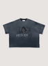 Eifles Heroin(e) Tee Shirt Vintage Navy with printed logos, vintage wash, lightly distressed details, boxy cropped fit, front view