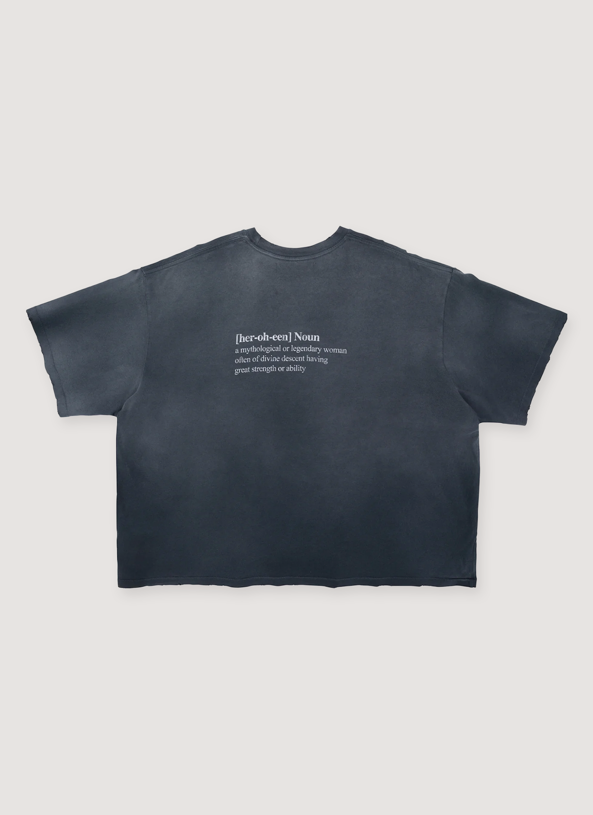 Eifles Heroin(e) Tee Shirt Vintage Navy with printed logos, vintag ewash, lightly distressed details, boxy cropped fit, back view
