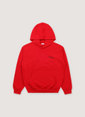 Helmut Lang Sketch Sweatshirt Deep Red Hoodie with black HL logo front, ribbed hem and cuff, front pocket, front view Helmut Lang Sketch Sweatshirt Deep Red - Image 1 | Authenticated at Pieces Los Angeles