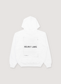 Helmut Lang Plastic Sweatshirt White Hoodie with black Helmut Lang printed back graphic, ribbed hem and cuff, back view Helmut Lang Plastic Sweatshirt White - Image 2 | Authenticated at Pieces Los Angeles