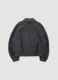Helmut Lang Shell Bomber Grey Melange Black, 2-way front zipper closure, pointed collar, elastic hem and cuffs, in-seam pockets, leather logo patch, relaxed fit, back view Helmut Lang Shell Bomber Grey Melange Black - Image 2 | Authenticated at Pieces Los Angeles