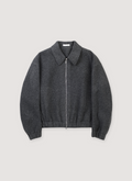 Helmut Lang Shell Bomber Grey Melange Black, 2-way front zipper closure, pointed collar, elastic hem and cuffs, in-seam pockets, leather logo patch, relaxed fit, front view Helmut Lang Shell Bomber Grey Melange Black - Image 1 | Authenticated at Pieces Los Angeles