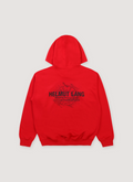 Helmut Lang Plastic Sweatshirt Deep Red Hoodie with black Helmut Lang printed back graphic, ribbed hem and cuff, back view Helmut Lang Sketch Sweatshirt Deep Red - Image 2 | Authenticated at Pieces Los Angeles