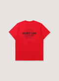 Helmut Lang Sketch Tee Shirt Deep Red with black text that says HELMUT LANG and a circle graphic behind it, back view Helmut Lang Sketch Tee Deep Red - Image 2 | Authenticated at Pieces Los Angeles