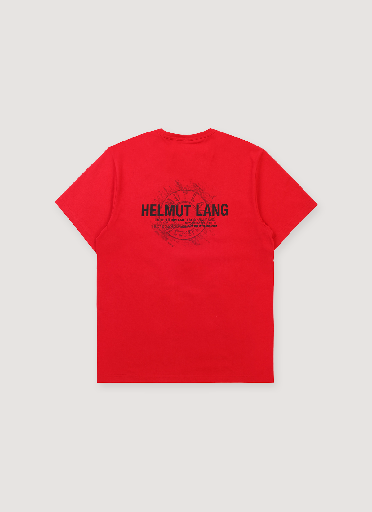 Helmut Lang Sketch Tee Shirt Deep Red with black text that says HELMUT LANG and a circle graphic behind it, back view