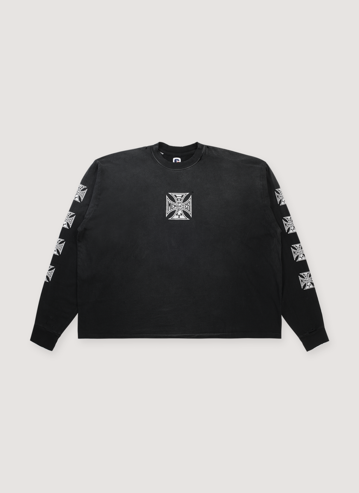 HMDD LA Happy Memories Don't Die Complexcon Exclusive Biker Longsleeve Vintage Shirt Black with printed chopper cross logos on sleeves and shirt, vintage wash and fade, distressed details, ribbed cuffs, front view HMDD Complexcon Exclusive Biker Longsleeve Vintage Black - Image 1 | Authenticated at Pieces Los Angeles