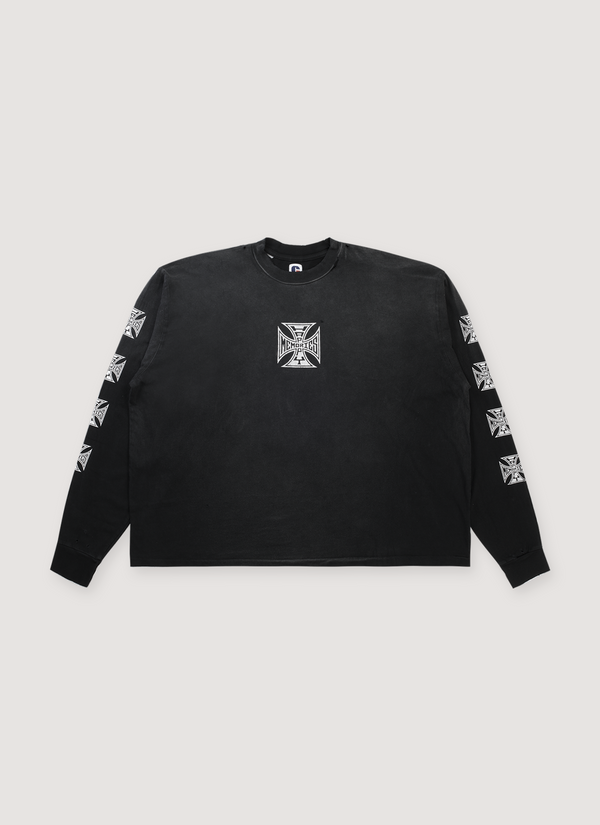 HMDD LA Happy Memories Don't Die Complexcon Exclusive Biker Longsleeve Vintage Shirt Black with printed chopper cross logos on sleeves and shirt, vintage wash and fade, distressed details, ribbed cuffs, front view Complexcon Exclusive Biker Longsleeve Vintage Black - Authenticated Longsleeves | Pieces Los Angeles
