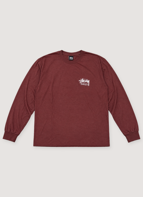 Stussy Honolulu Pigment Dye Longsleeve Oxblood Honolulu Pigment Dye Longsleeve Oxblood - Authenticated Longsleeves | Pieces Los Angeles