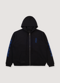 Chrome Hearts Vertical Logo Zip Up Sweatshirt Black with printed blue logo, .925 silver zipper, ribbed cuff and hem, front view Chrome Hearts Vertical Logo Zip Up Sweatshirt Black Blue - Image 1 | Authenticated at Pieces Los Angeles