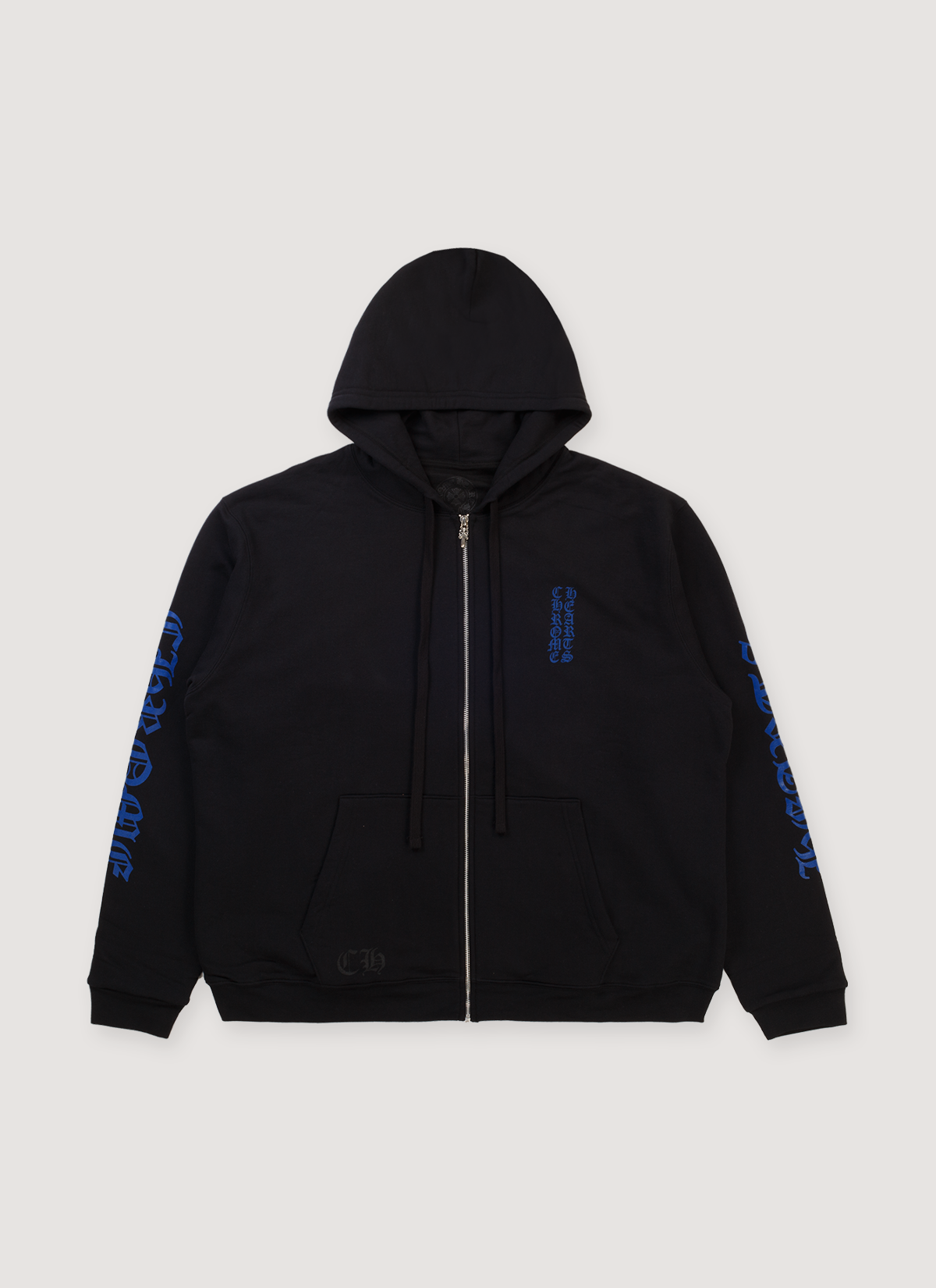 Chrome Hearts Vertical Logo Zip Up Sweatshirt Black with printed blue logo, .925 silver zipper, ribbed cuff and hem, front view Chrome Hearts Vertical Logo Zip Up Sweatshirt Black Blue - Image 1 | Authenticated at Pieces Los Angeles