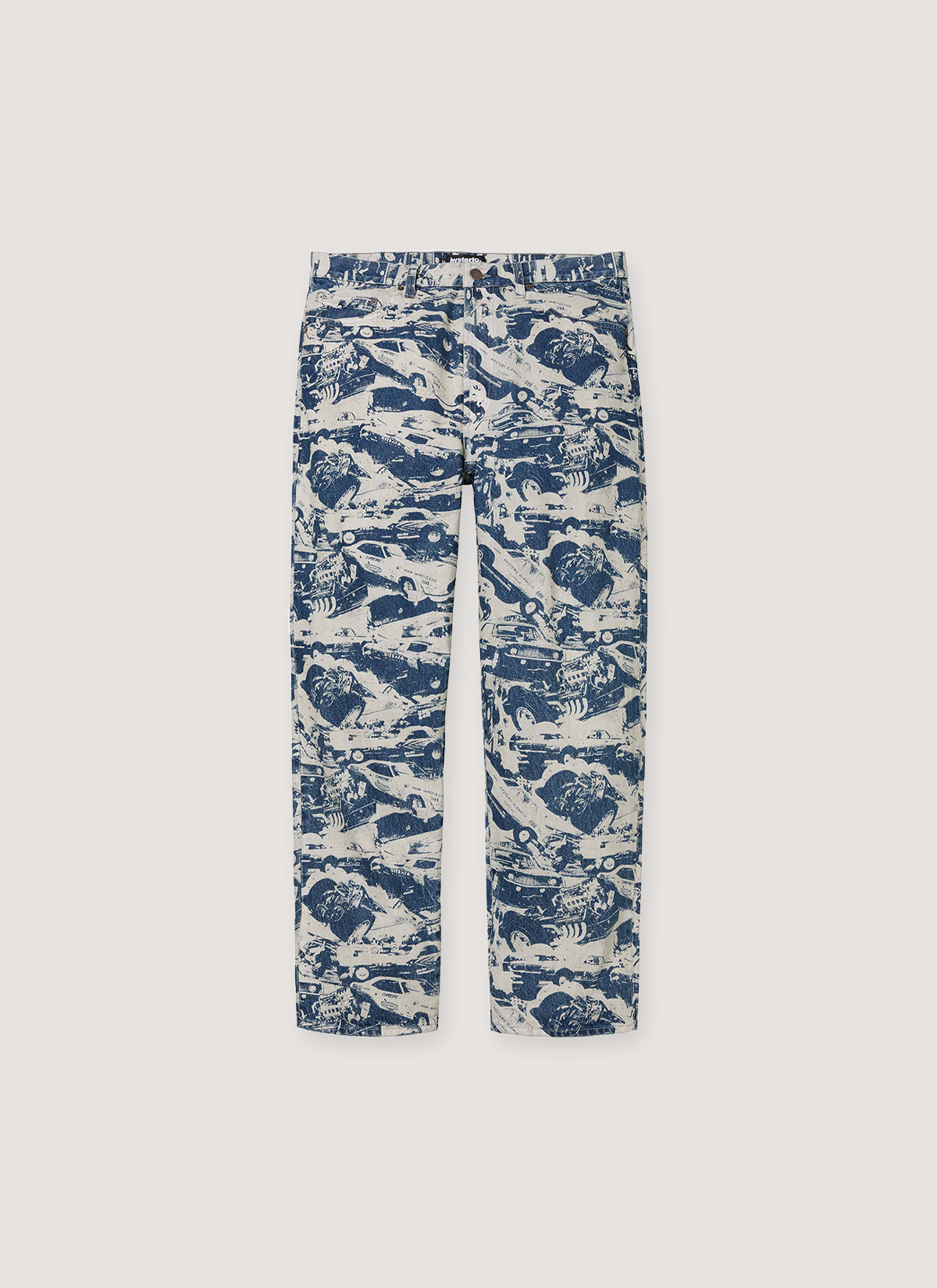 Supreme Hysteric Glamour Cars Baggy denim Jeans Washed Blue car graphics all over, front view
