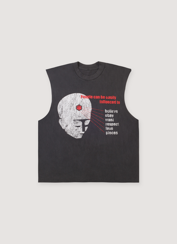 Pieces Influence Cut Off Vintage faded Black tank top with graphic and text front view Influence Cut Off Vintage Black - Authenticated Sleeveless | Pieces Los Angeles