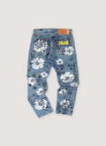 Denim Tears Irak 501 Denim Indigo (Pre-Owned) Blue Jeans Levi's 501 with printed white cotton wreath logos, non-stretch, straight leg cut, back view Denim Tears Irak 501 Denim Indigo (Pre-Owned) - Image 2 | Authenticated at Pieces Los Angeles
