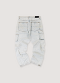 Amiri Jacquard Carpenter Pants Bleached Indigo Blue Jeans (Pre-Owned), Jacquard Amiri logo pattern, metal embellishments, leather back tab, back pockets, snap button leg opening, back view Amiri Jacquard Carpenter Pants Bleached Indigo (Pre-Owned) - Image 2 | Authenticated at Pieces Los Angeles