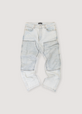 Amiri Jacquard Carpenter Pants Bleached Indigo Blue Jeans (Pre-Owned), Jacquard Amiri logo pattern, metal embellishments, snap button leg opening, front view Amiri Jacquard Carpenter Pants Bleached Indigo (Pre-Owned) - Image 1 | Authenticated at Pieces Los Angeles